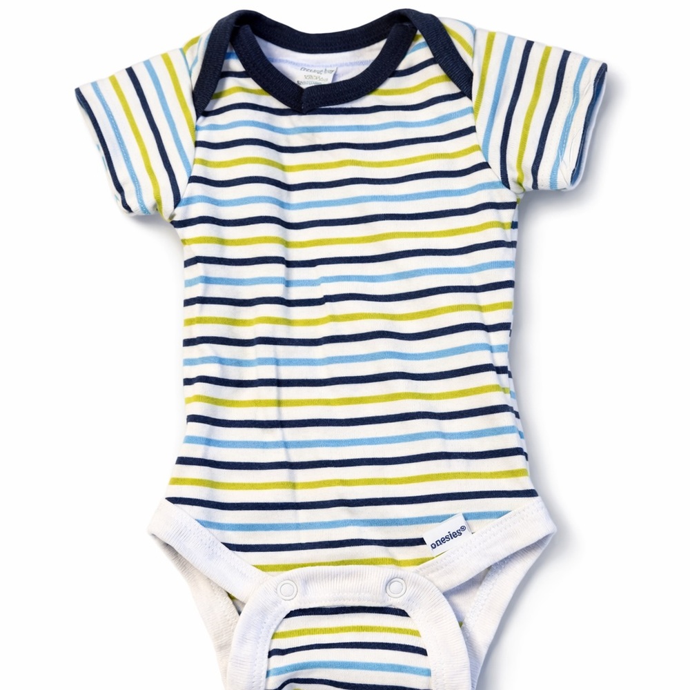 Stripe-Print Short Sleeve Baby One-Piece in White, Blue & Green -